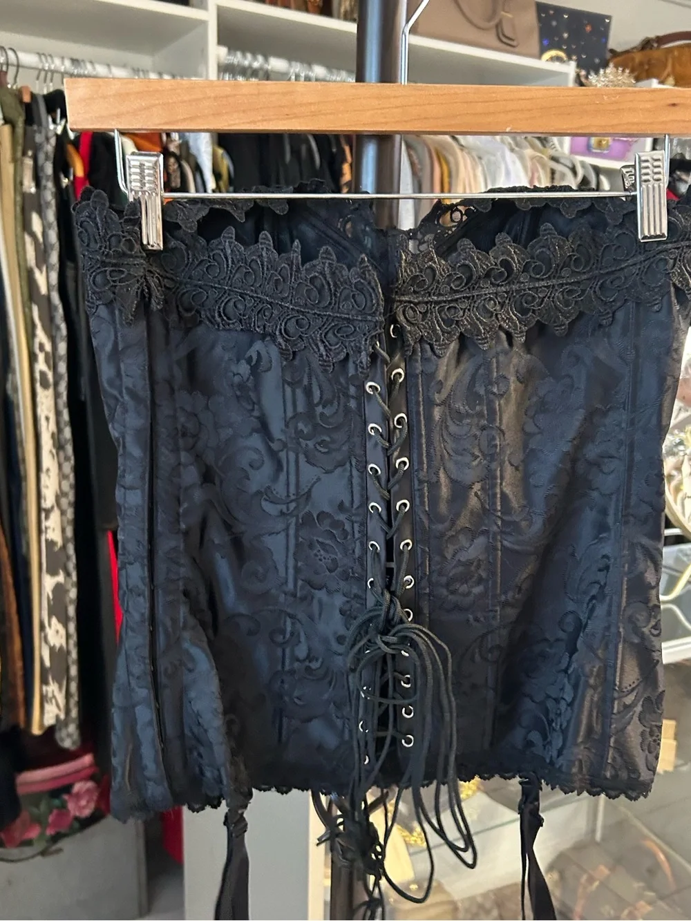 Frederick's of Hollywood black corset  floral lace trim